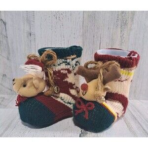 2 Knitted Christmas Boots Candy Cane Holders Stockings Plastic Inserts Deer Bear